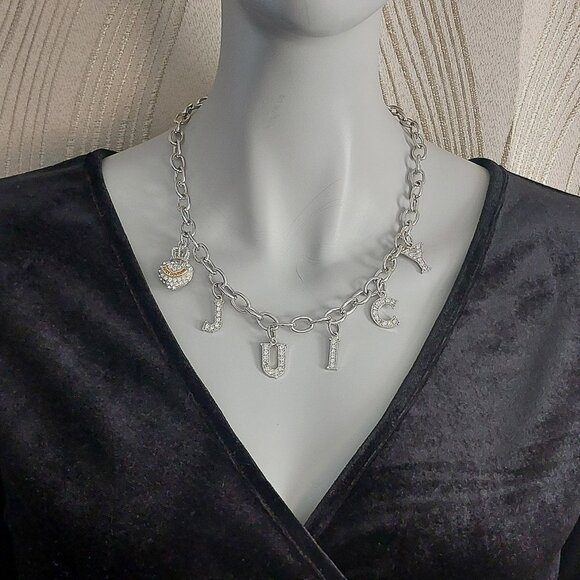 VTG Juicy Couture Necklace Y2K Pave Crystals Heart Lock Crown Charm Silver Tone - Picture 6 of 14
